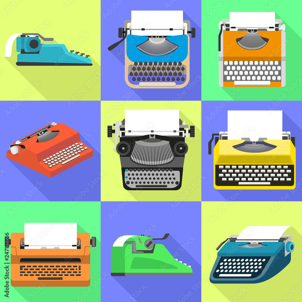 Poster typewriter icons set. flat set of typewriter vector icons for web design