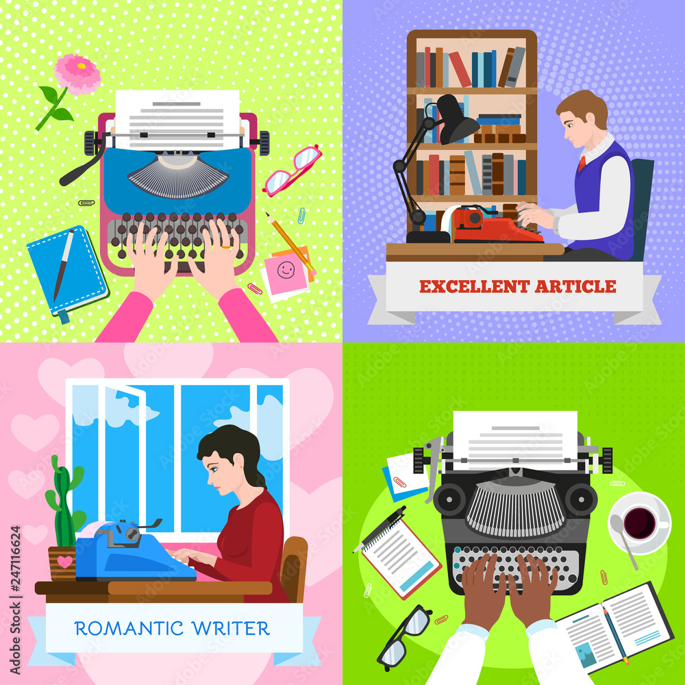 Poster typewriter work banner set. flat illustration of typewriter work vector banner set for web design