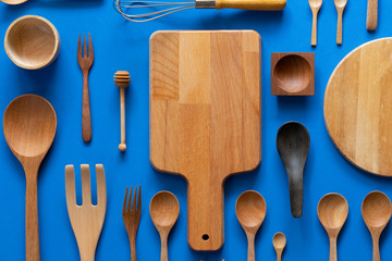 kitchen utensils for cooking on the blue background, food prepare concept