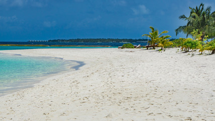 Fototapeta na wymiar Strand mit Palmen von Meedhupparu auf Malediven im Indischen Ozean