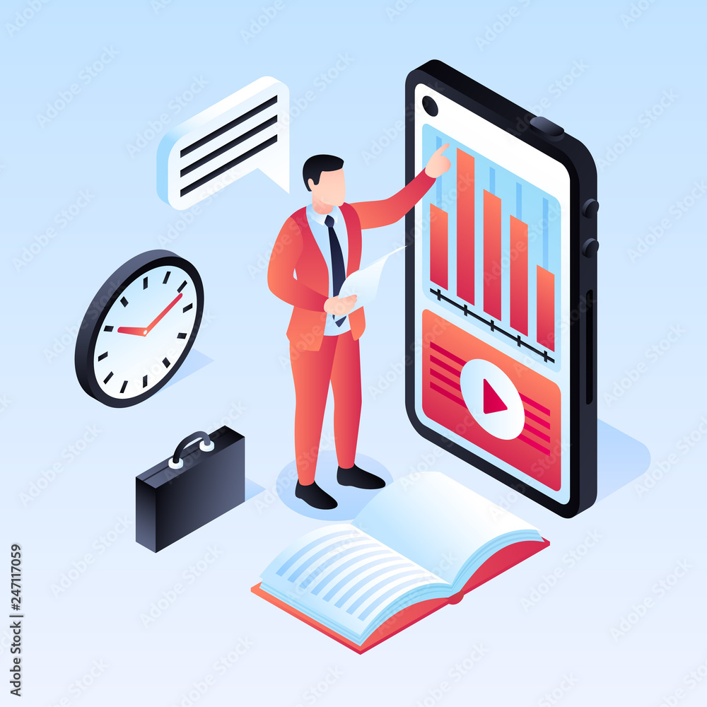 Poster speaker webinar concept background. isometric illustration of speaker webinar vector concept backgro