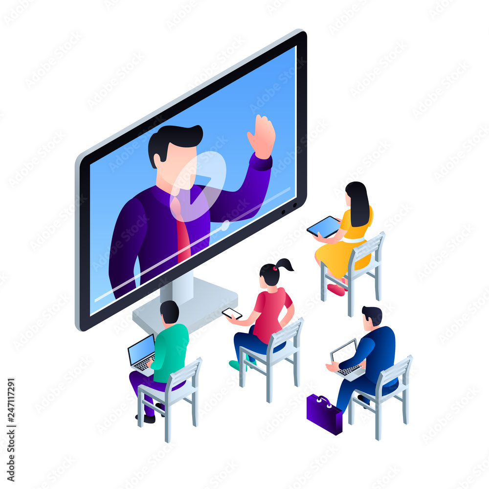 Poster computer video webinar concept background. isometric illustration of computer video webinar vector c