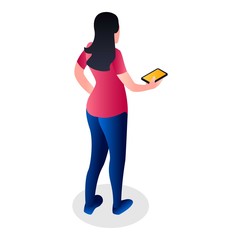 Girl with smartphone icon. Isometric of girl with smartphone vector icon for web design isolated on white background