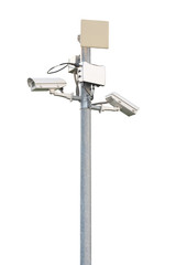 Fototapeta premium CCTV systems surveillance security camera video equipment on pole outdoor building safety system area control and flammable device wireless connection isolated on white background.