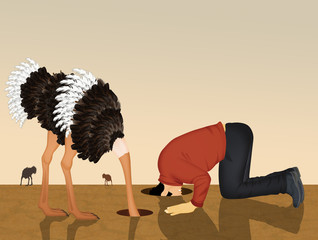 ostrich and man with his head in the sand