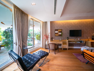 Luxury room with with tree view outside, room of hotel resort in Thailand.