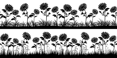 Horizontal Seamless Patterns, Summer or Spring Landscapes, Isolated on White Background Flowers and Grass Black Silhouettes. Vector