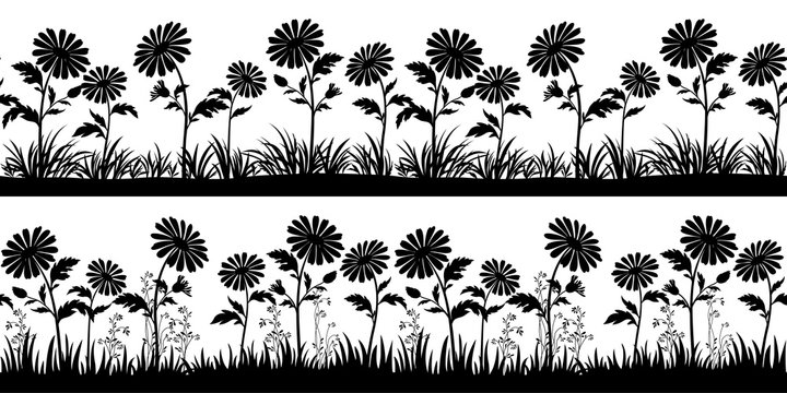 Horizontal Seamless Patterns, Summer or Spring Landscapes, Isolated on White Background Flowers and Grass Black Silhouettes. Vector
