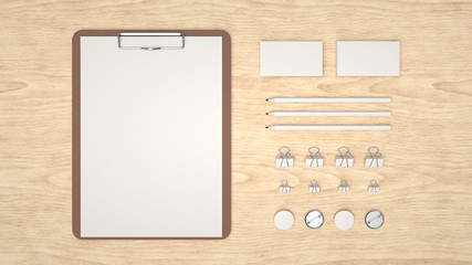 Clipboard, business cards, binder clips, badges and pencils