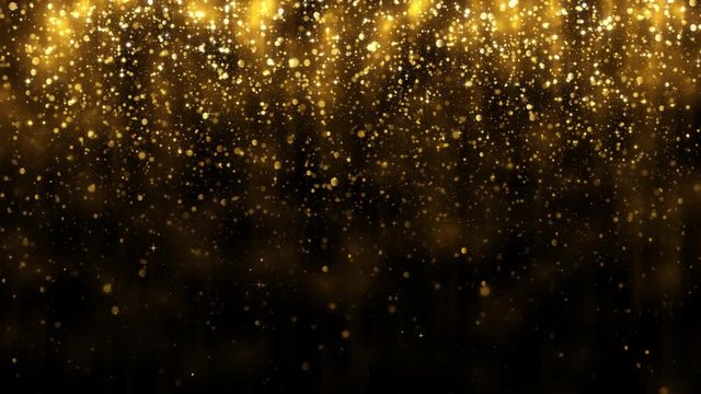 Background with falling golden glitter particles. Falling gold confetti with magic light. Beautiful light background. Seamless loop