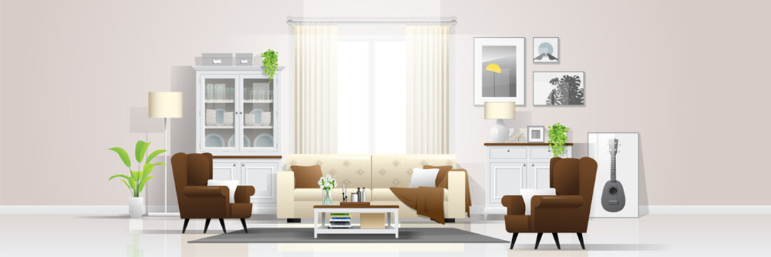 Interior background with warm and bright living room in rustic style , vector , illustration 