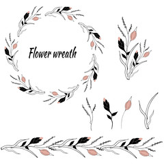 set of floral patterns and vector wreaths for congratulations on Valentine's Day and of the spring greeting cards for decoration of festivities on paper, postcards, felicitation. 