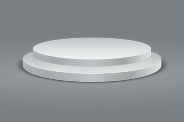 Round podium. Winner round pedestal set. 3D two-stage platform on gray background. Vector set