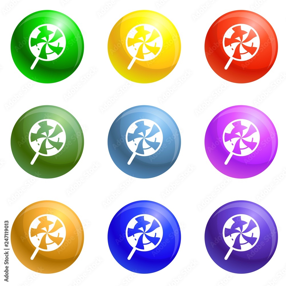 Poster swirl candy lollipop icons vector 9 color set isolated on white background for any web design