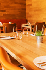 restaurant interior  with wooden tables