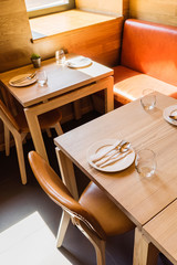 restaurant interior  with wooden tables