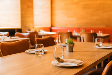 restaurant interior  with wooden tables