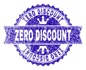 ZERO DISCOUNT rosette stamp seal watermark with distress texture. Designed with round rosette, ribbon and small crowns. Blue vector rubber watermark of ZERO DISCOUNT title with grunge texture.