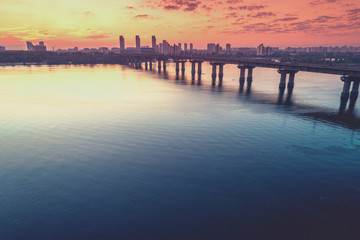 Skyline, Kiev city in the morning, Paton bridge. Left bank of the Dnieper River. Aerial view