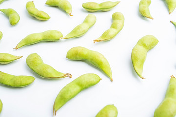 Fresh soybeans / green edamame on white background