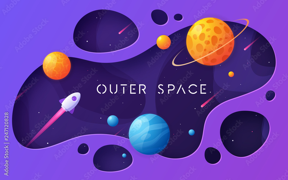 Wall mural colorful cartoon outer space background, design, banner, artwork.