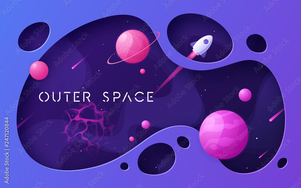 Wall mural colorful cartoon outer space background, design, banner, artwork.