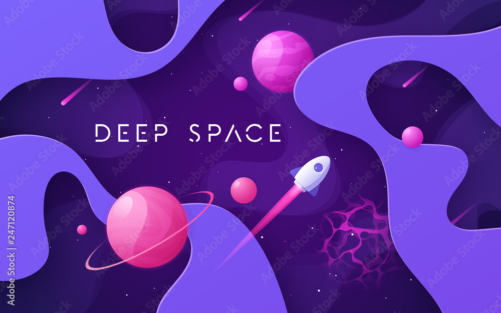Wall mural colorful cartoon outer space background, design, banner, artwork.