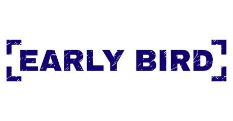 EARLY BIRD tag seal print with corroded texture. Text caption is placed inside corners. Blue vector rubber print of EARLY BIRD with retro texture.