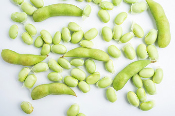 Fresh soybeans / green edamame on white background
