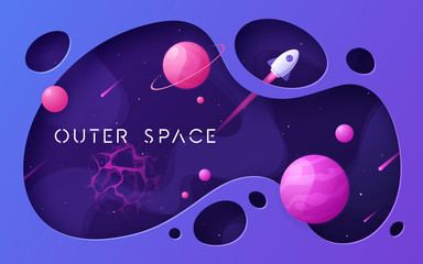 Colorful cartoon outer space background, design, banner, artwork. 