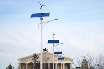 Street lamps working on windmill and solar panel`s energy in Astana city near the Opera building