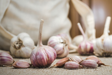 Bulbs and cloves of natural organic garlic on a linen mat