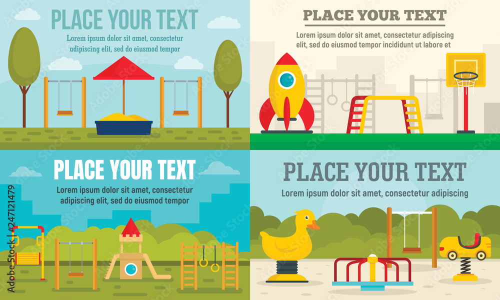 Poster kid playground banner set. flat illustration of kid playground vector banner set for web design