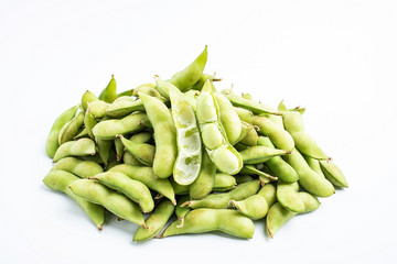 Fresh soya / bunch of green edamame on white background