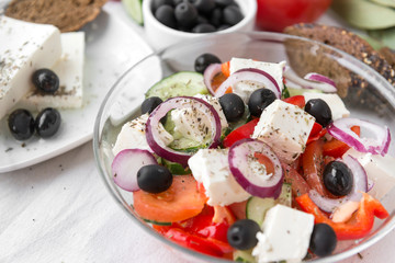 Greek salad, vegetable, feta,  tomato, cucumber, olives, onion, sweet pepper, spices,