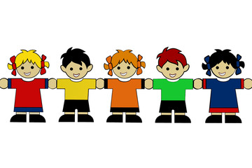 5 lachende Kinder die sich an den Händen fassen