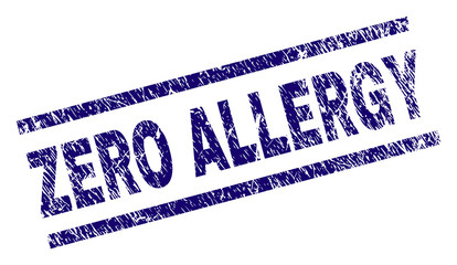 ZERO ALLERGY seal print with distress style. Blue vector rubber print of ZERO ALLERGY title with dirty texture. Text title is placed between parallel lines.