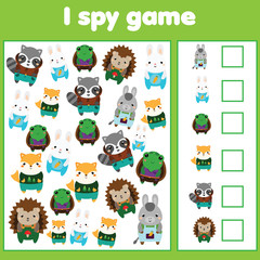 I spy game for toddlers. Find and count objects. Counting educational children activity. Cute animals