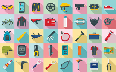 Mountain bike icons set. Flat set of mountain bike vector icons for web design