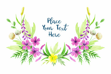 Hand drawn forest flowers wreath on a white background. Northern wild flowers. Watercolor painting.