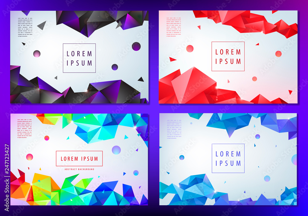 Fototapete Set of vector abstract triangular banners, geometric posters, covers, web page templates. Modern 3d futuristic design with text space