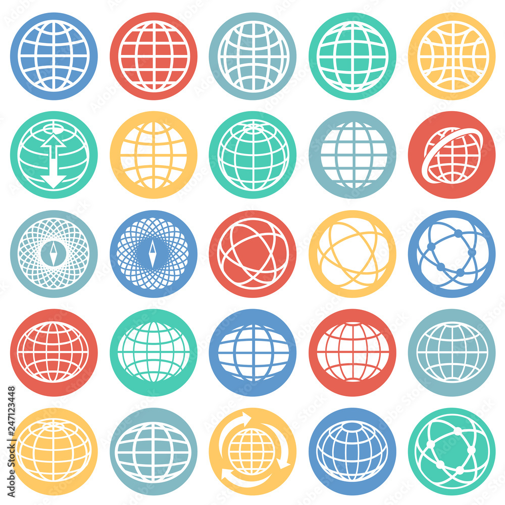Poster globe icon set on color circles white background for graphic and web design, modern simple vector si