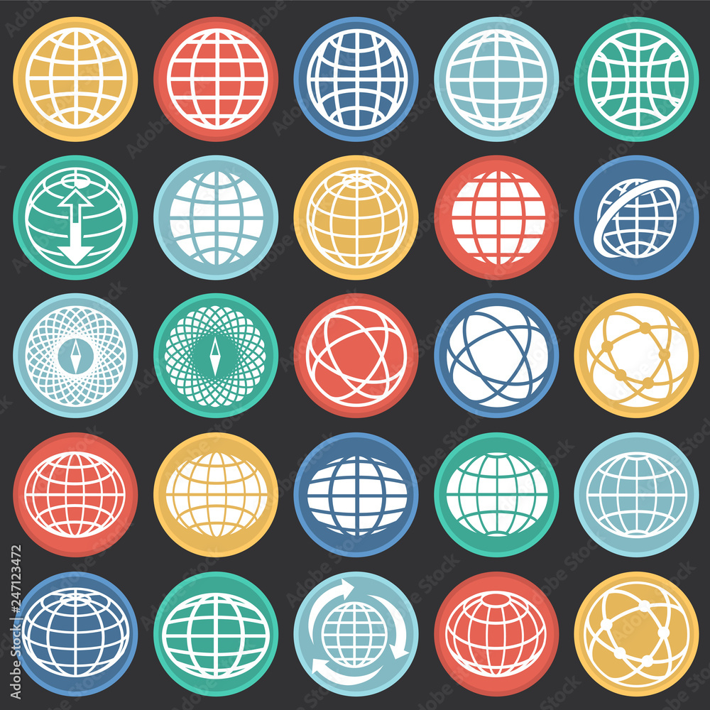 Poster globe icon set on color circles black background for graphic and web design, modern simple vector si