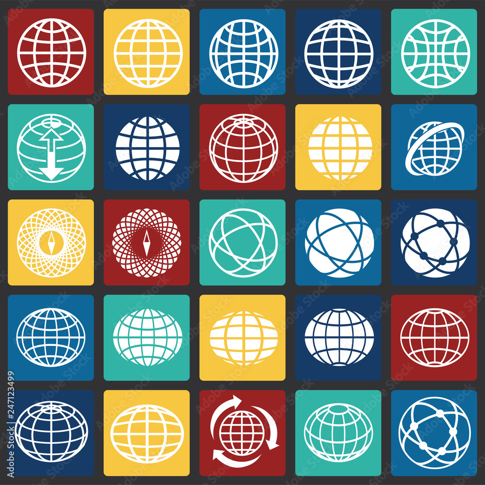 Poster globe icon set on color squares background for graphic and web design, modern simple vector sign. in