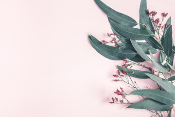 Flowers composition. Eucalyptus leaves and pink flowers on pastel pink background. Flat lay, top view, copy space