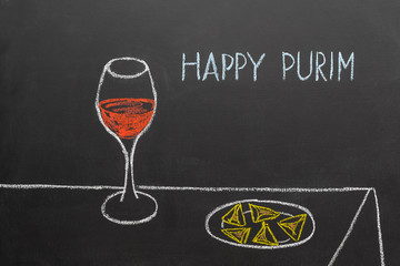 drawing of a glass of wine and Hamantaschen cookies, made with chalk on a blackboard, with inscription Happy purim