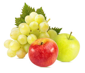 Fresh grapes and apples isolated on white background with clipping pass