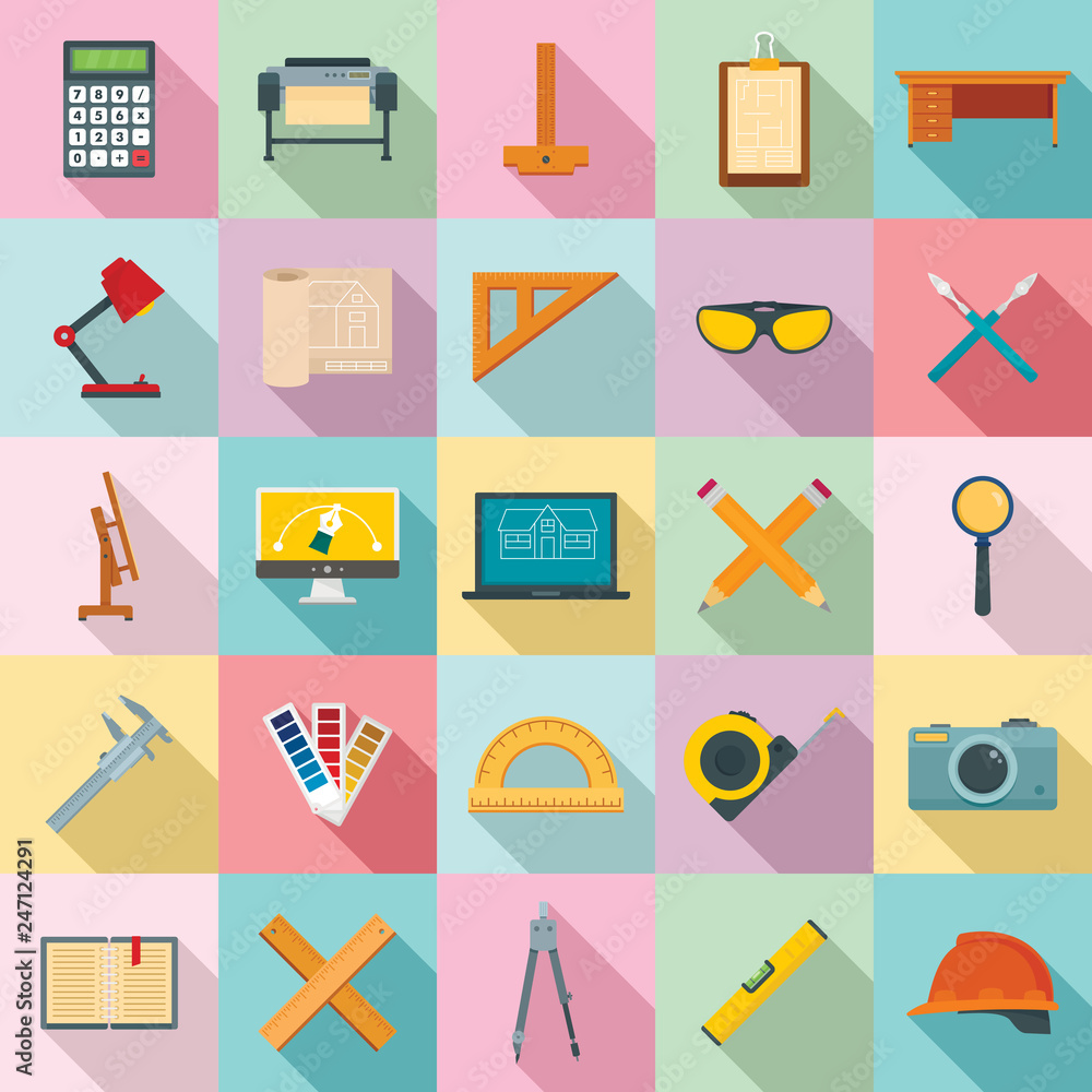 Poster architect equipment icons set. flat set of architect equipment vector icons for web design