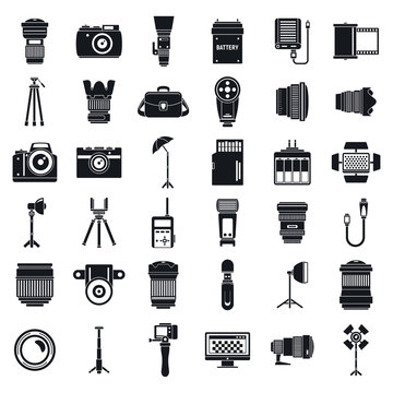 Professional photographer equipment icons set. Simple set of professional photographer equipment vector icons for web design on white background