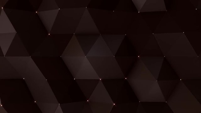 Abstract background with animation moving of dark triangles with glowing dots on their corner as vertex. Technologic backdrop with plastic surface with neon particles. Animation of seamless loop.